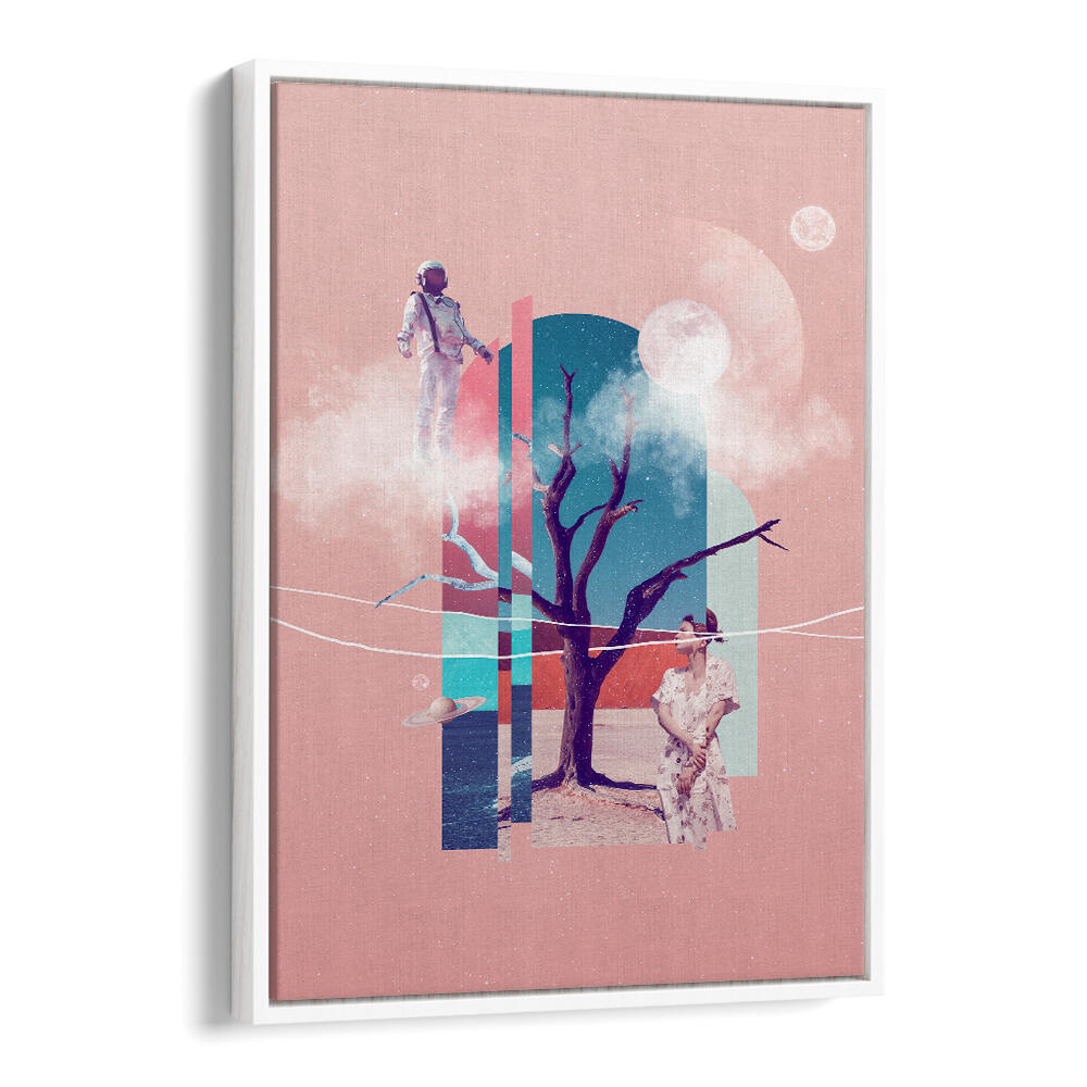 Surreal art print "SPACE LOVE" featuring an astronaut, tree, and dreamy landscapes for unique wall decor.