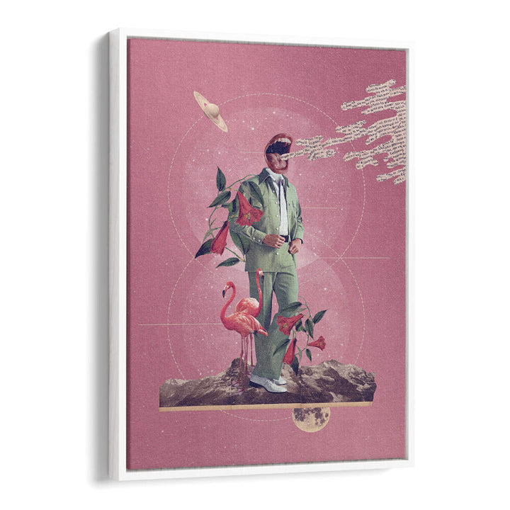 Surreal art print "TALK TO ME" features a stylish figure with flamingos, perfect for modern decor.