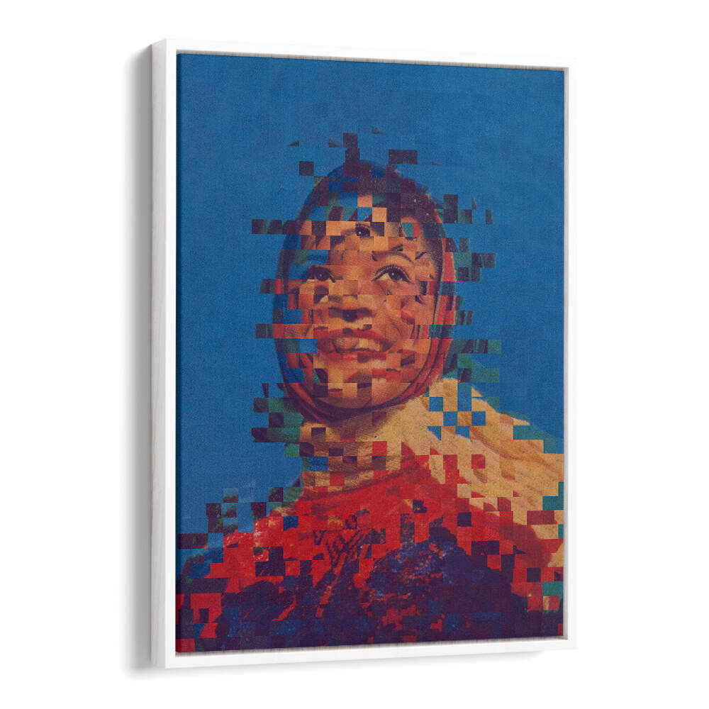 Surreal art print titled "THE ONE" featuring a vibrant abstract portrait with pixelated effects. Perfect for modern decor.