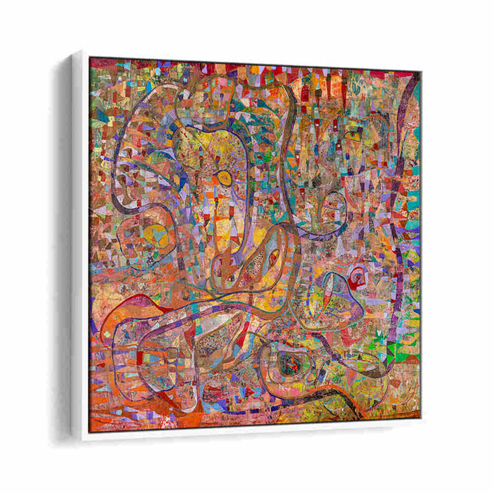DYSTOPIA , ABSTRACT PAINTINGS by Whitefloayer: vivid layered abstract canvas with textured swirls and mosaic patches