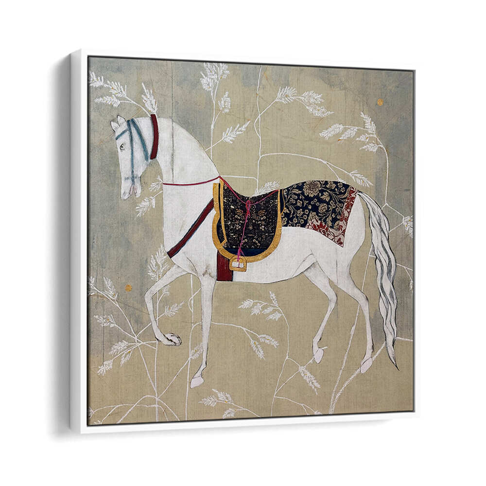 Elegant white horse adorned in vibrant saddle, showcasing EQUESTRIAN ELEGANCE TAPESTRIES, ANIMAL PAINTINGS artistry.