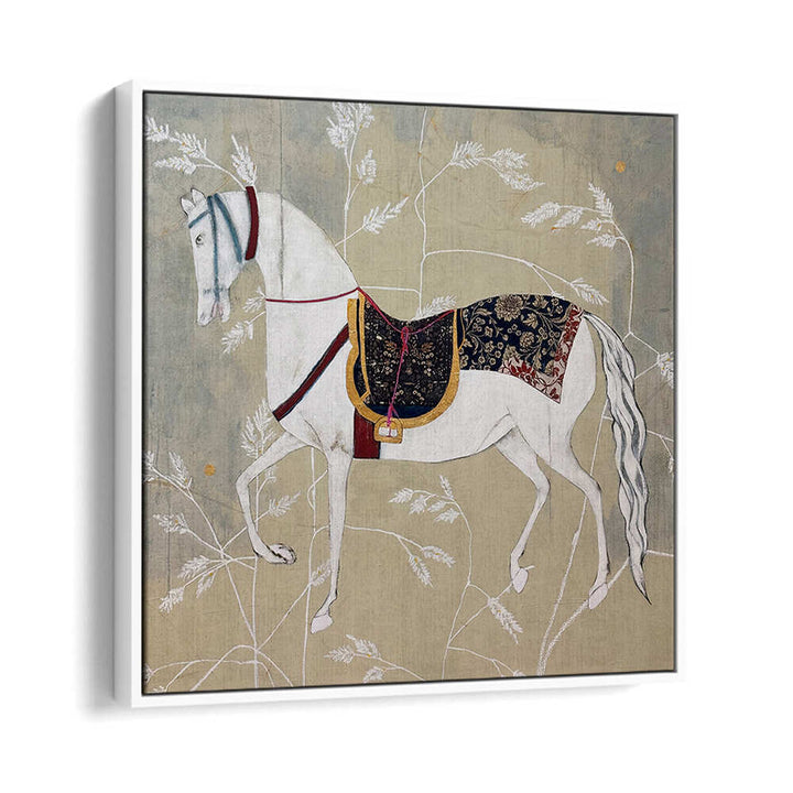 Elegant white horse adorned in vibrant saddle, showcasing EQUESTRIAN ELEGANCE TAPESTRIES, ANIMAL PAINTINGS artistry.
