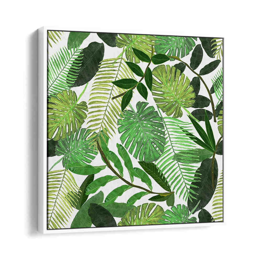 WhiteFloayer framed GREEN TROPICAL WATERCOLOR LEAVES , FLORAL FLOWER PAINTINGS with layered palm and monstera botanical watercolor leaves