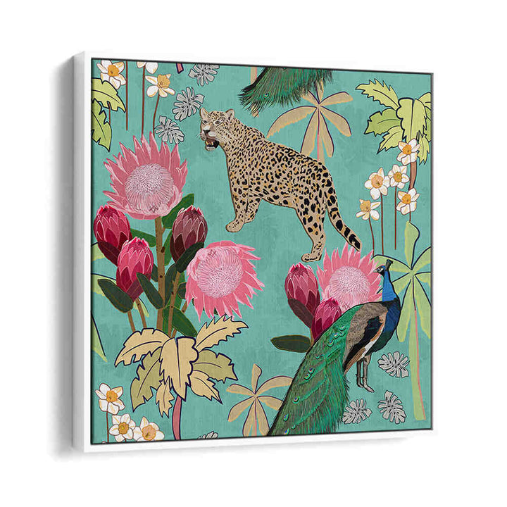 WHITEFLOAYER TIGER AND PEACOCK , ANIMAL PAINTINGS—prowling tiger and peacock with pink protea on teal backdrop