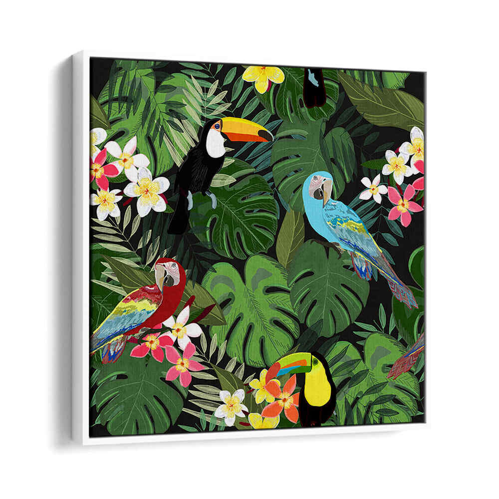 Whitefloayer TROPICAL FOREST BLACK , ANIMAL PAINTINGS: colorful parrots & toucans amid lush leaves on black backdrop