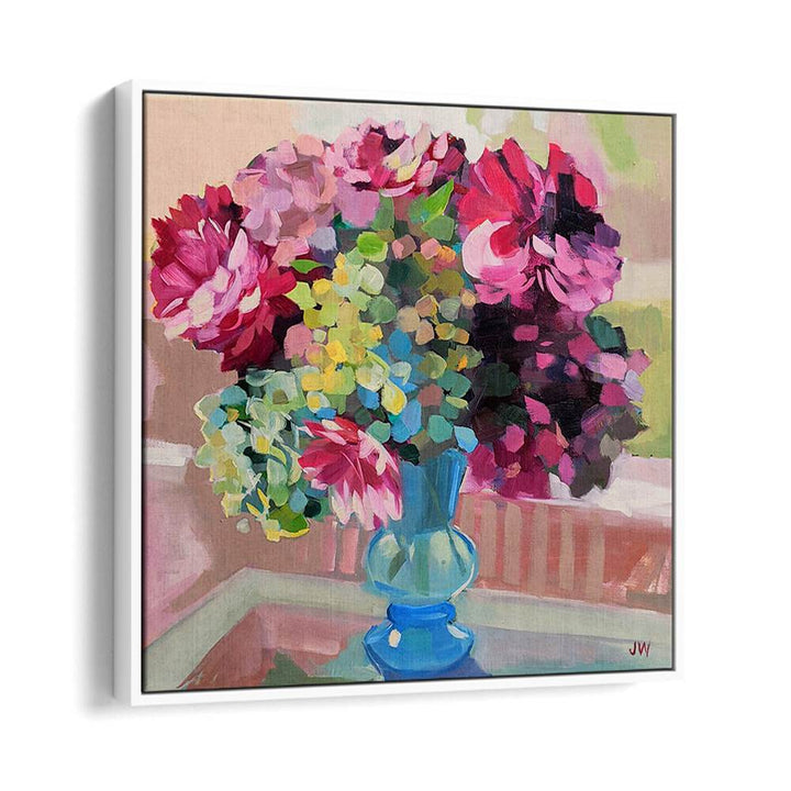 Vibrant SOUTH CAROLINA, FLORAL FLOWER PAINTINGS showcasing colorful blooms in a striking blue vase. Perfect for any decor.