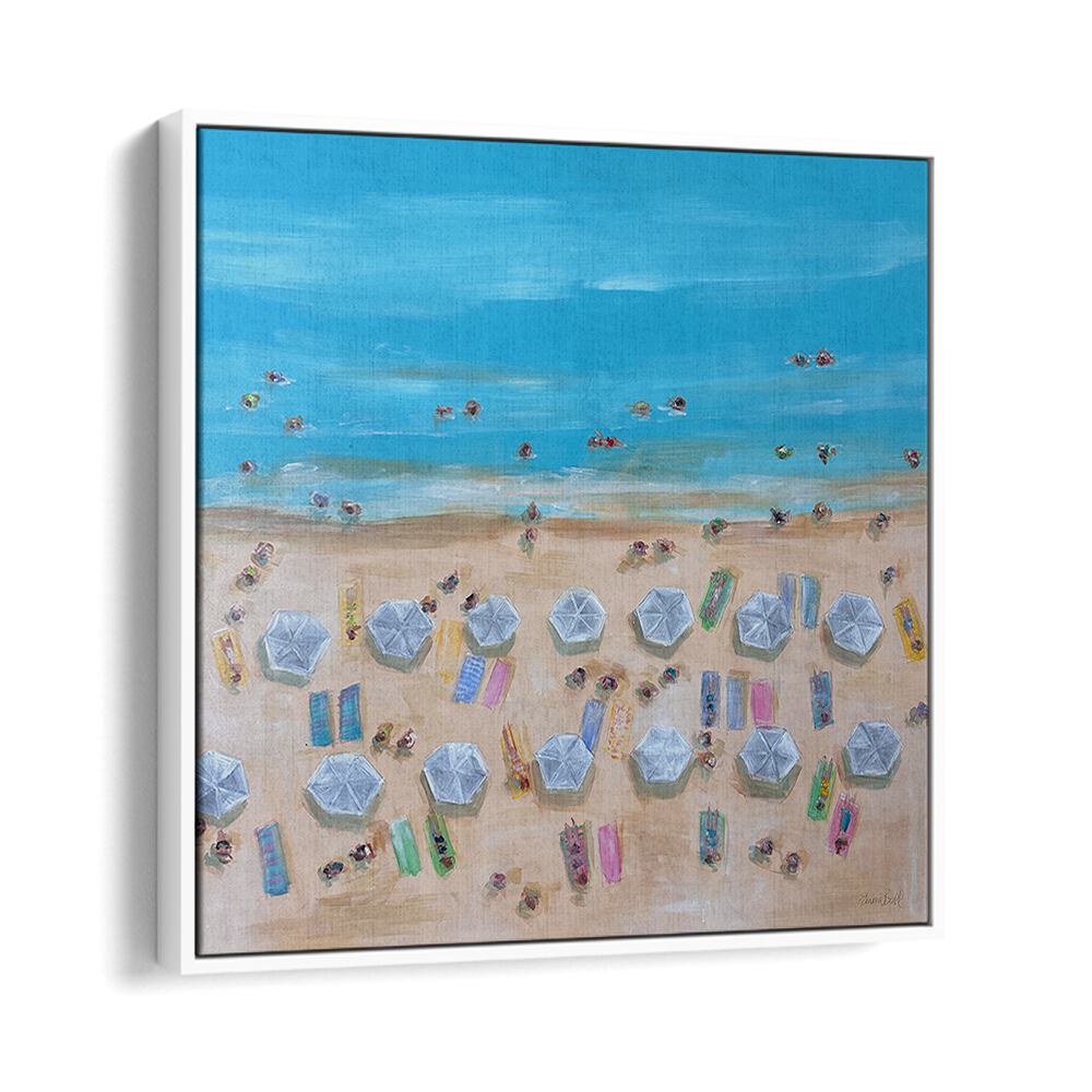 BIRDSEYE WHITE UMBRELLAS, BEACH PAINTINGS evoke coastal vibes with vibrant colors and serene landscapes for your home.
