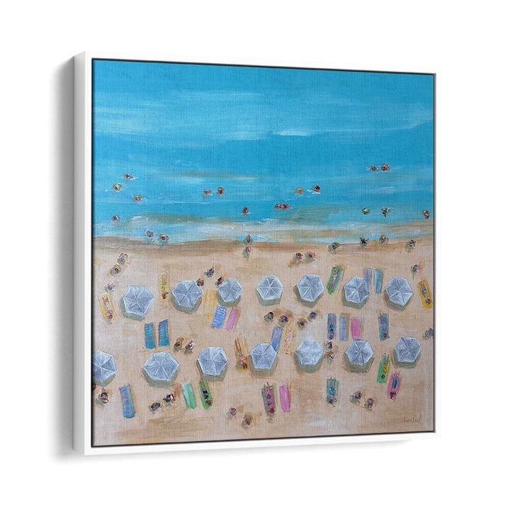 BIRDSEYE WHITE UMBRELLAS, BEACH PAINTINGS evoke coastal vibes with vibrant colors and serene landscapes for your home.