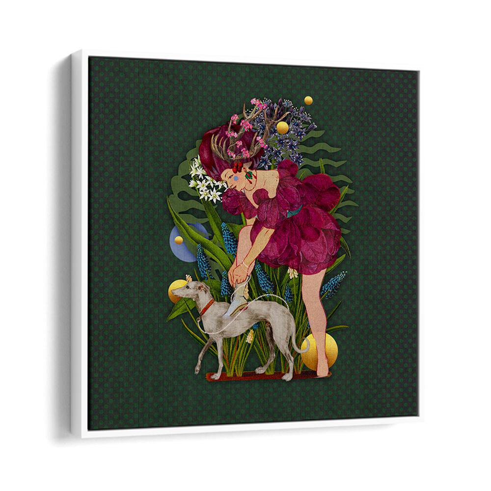Captivating artwork from the ENCHANTED FOREST IX, PORTRAITS collection, featuring a whimsical figure and dog in lush greenery.