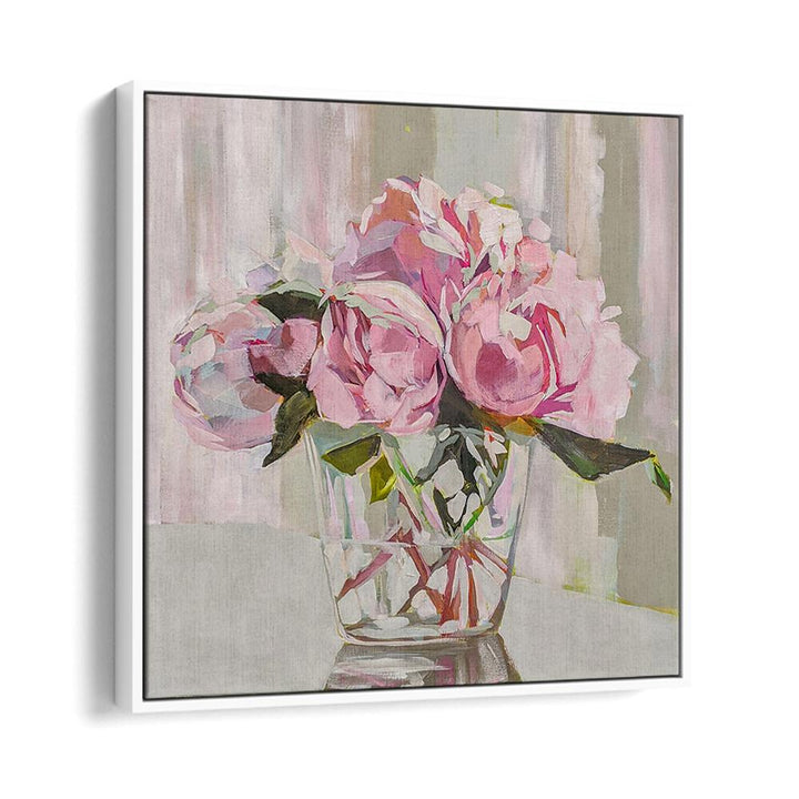 Bright pink peonies in a glass vase showcase elegant beauty in our PEONIES, FLORAL FLOWER PAINTINGS collection.