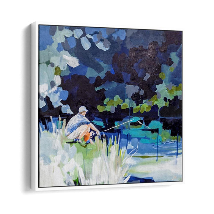 Tranquil scene of fishing by the water, showcasing our GONE FISHIN, BEACH PAINTINGS for coastal enthusiasts.
