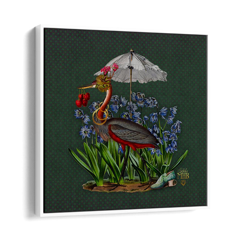 Whimsical bird under a parasol among flowers, showcasing ENCHANTED FOREST V, ANIMAL PAINTINGS elegance.