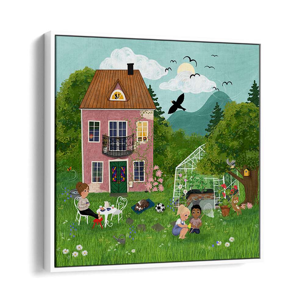 Whimsical SUMMERDAY IN THE GARDEN, KIDS ROOM PAINTINGS featuring children playing outside a charming house.