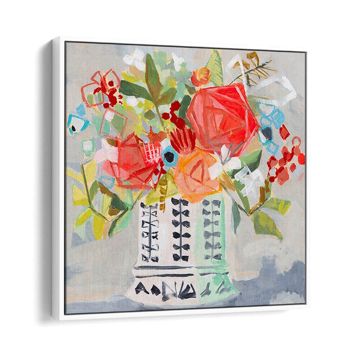 Vibrant MIRANDA S BOUQUET, FLORAL FLOWER PAINTINGS showcasing colorful abstract blooms in a stylish vase.