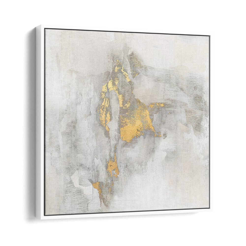 Elegant abstract painting titled "YOSEMITE FALLS II," featuring soft gray tones and striking gold accents.