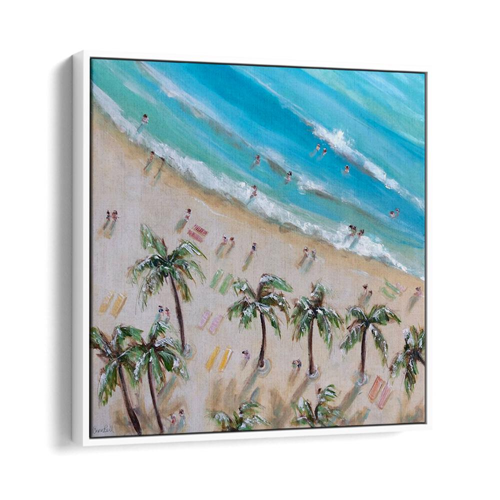 Vibrant BEACH AND PALM BLISS, BEACH PAINTINGS showcase a serene coastal scene with palm trees and beachgoers.
