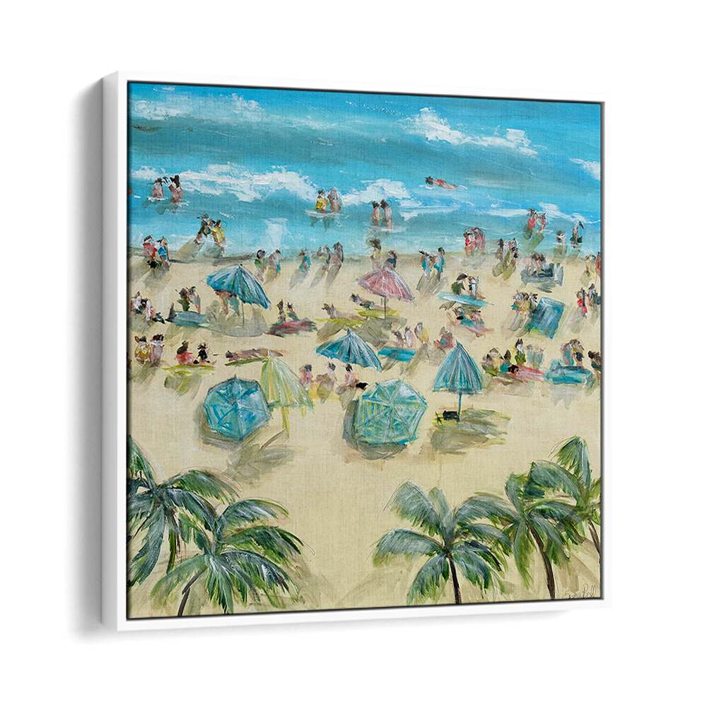 Bright beach scene with umbrellas and palm trees, showcasing BEACHSIDE BLISS, BEACH PAINTINGS for coastal-inspired decor.