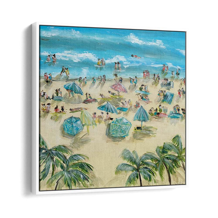 Bright beach scene with umbrellas and palm trees, showcasing BEACHSIDE BLISS, BEACH PAINTINGS for coastal-inspired decor.