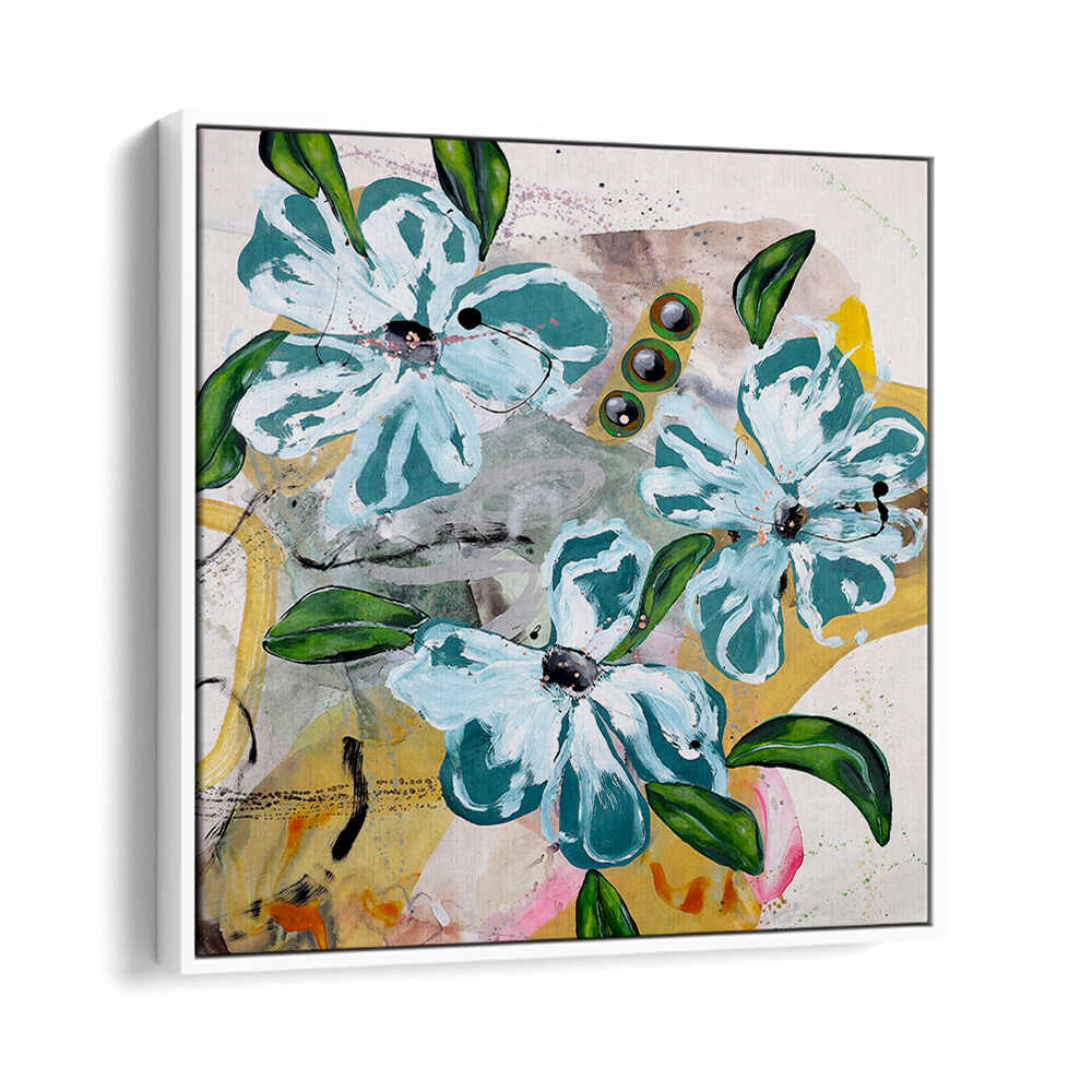 BOLD BLUE AND GREEN FLOWERS , FLORAL FLOWER PAINTINGS