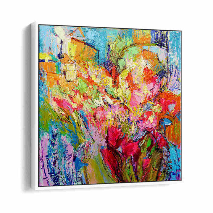 BRILLIANT BLOOM SCAPE , ABSTRACT PAINTINGS vibrant floral abstract canvas in bold pinks, blues and textured brushstrokes