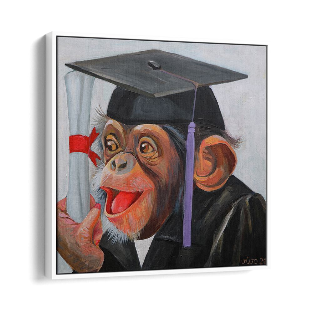 Celebrate success with the CHIMP GRADUATION DAY, COMIC POSTERS featuring a cheerful graduate chimp in cap and gown.