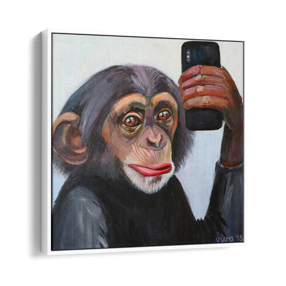 CHIMP'S SELFIE MOMENT, COMIC POSTERS showcases a charming chimp holding a smartphone, adding vibrant art to your space.