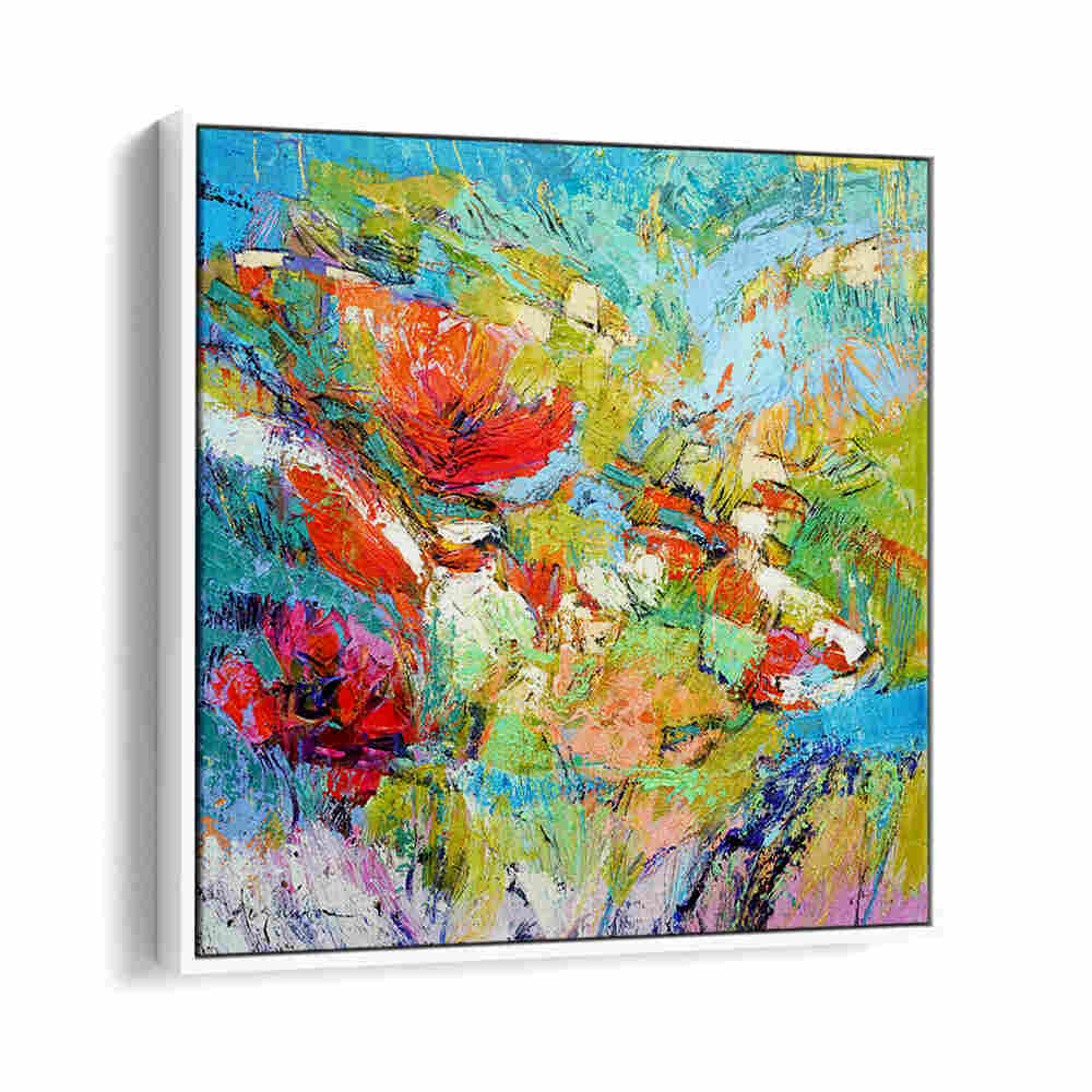 Vibrant canvas with red poppies and textured color fields — FLORAL HARMONY BURST , ABSTRACT PAINTINGS