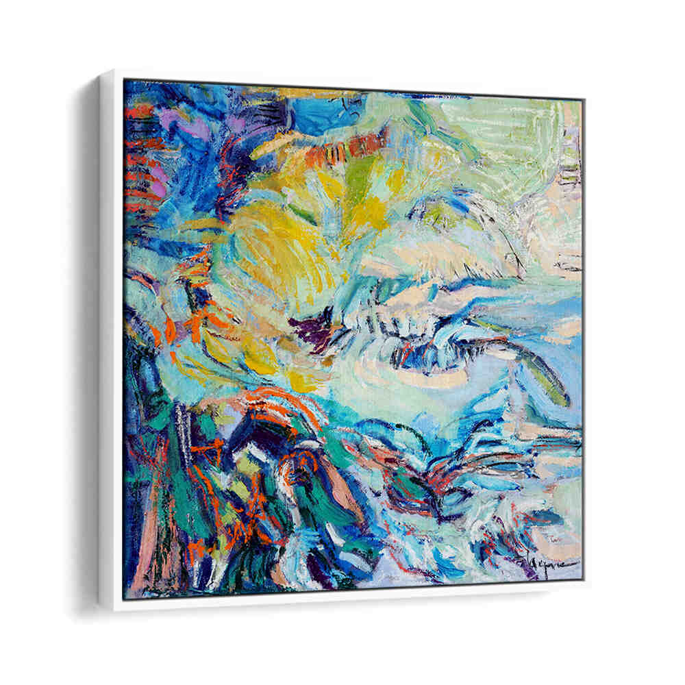 WHITEFLOAYER FLOWING HUES , ABSTRACT PAINTINGS vibrant blue, yellow and teal swirling textured canvas artwork