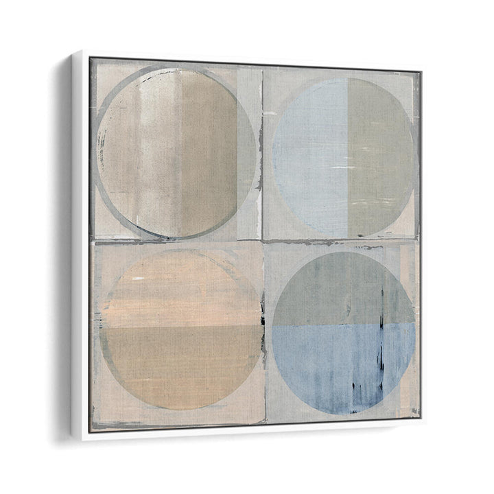 FOUR CIRCLES AND SQUARES I, GEOMETRIC ART PRINTS features a modern design with soft colors, perfect for minimalistic decor.