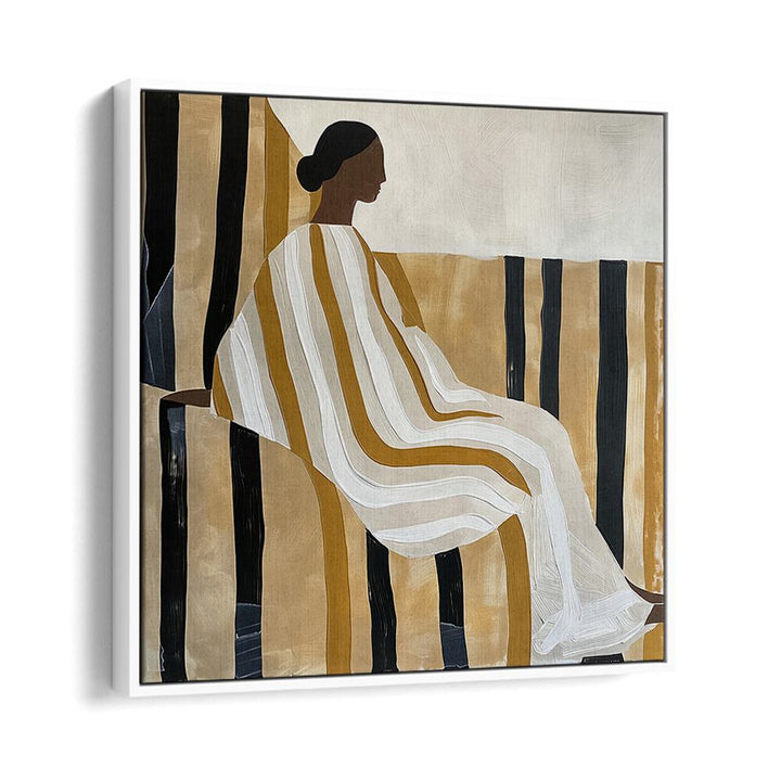 Elegant artwork featuring a lady in stripes, showcasing modern portraits and figurative illustrations. Perfect for decor.