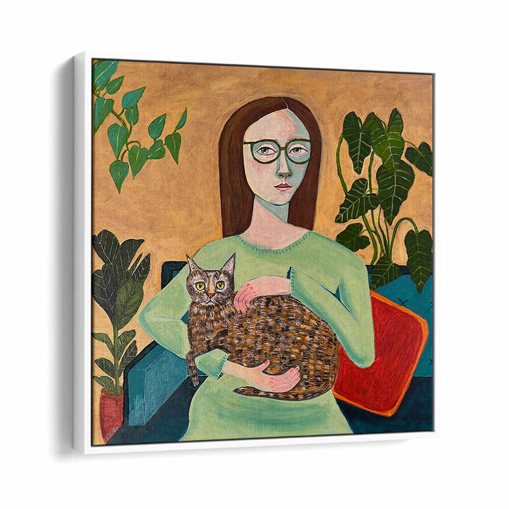 LADY WITH HER CAT IN LOUNGEROOM , PORTRAITS & FIGURATIVE ILLUSTRATIONS