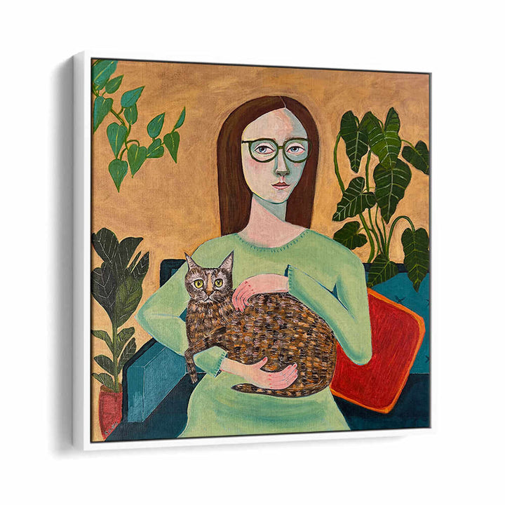 LADY WITH HER CAT IN LOUNGEROOM , PORTRAITS & FIGURATIVE ILLUSTRATIONS