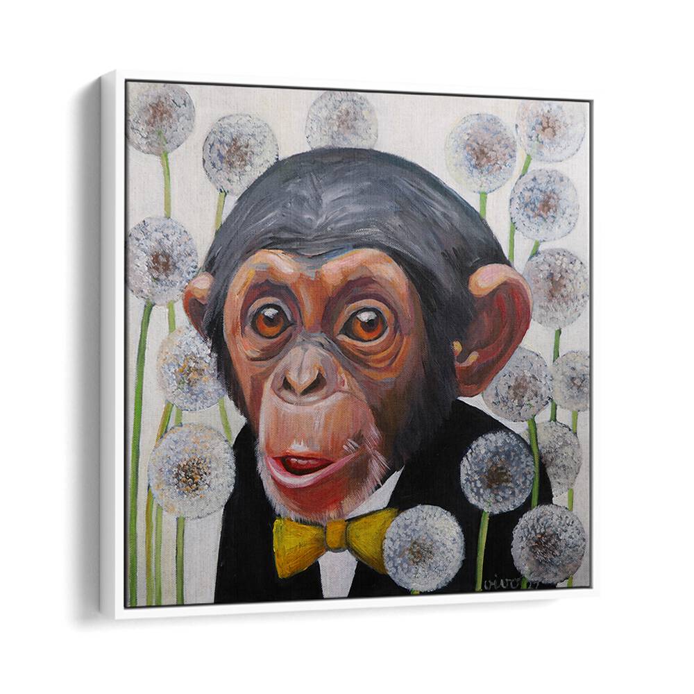Playful monkey wearing a yellow bow tie among dandelions, perfect for MONKEY YELLOW BOW TIE, COMIC POSTERS collection.