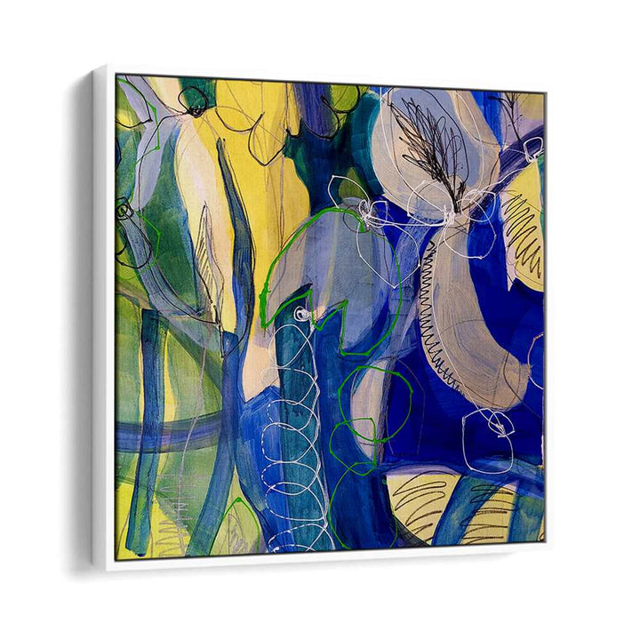 Vibrant blue and yellow abstract artwork, WATER FLOWERS VI, ABSTRACT PAINTINGS, perfect for enhancing your decor.