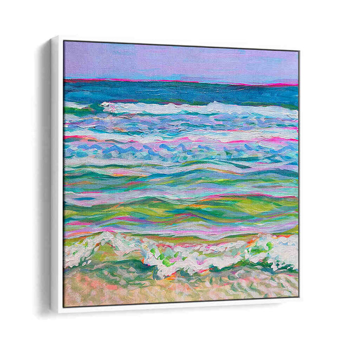 PINK SEAS , BEACH PAINTINGS pastel shoreline canvas with pink, coral and turquoise waves capturing sunrise glow