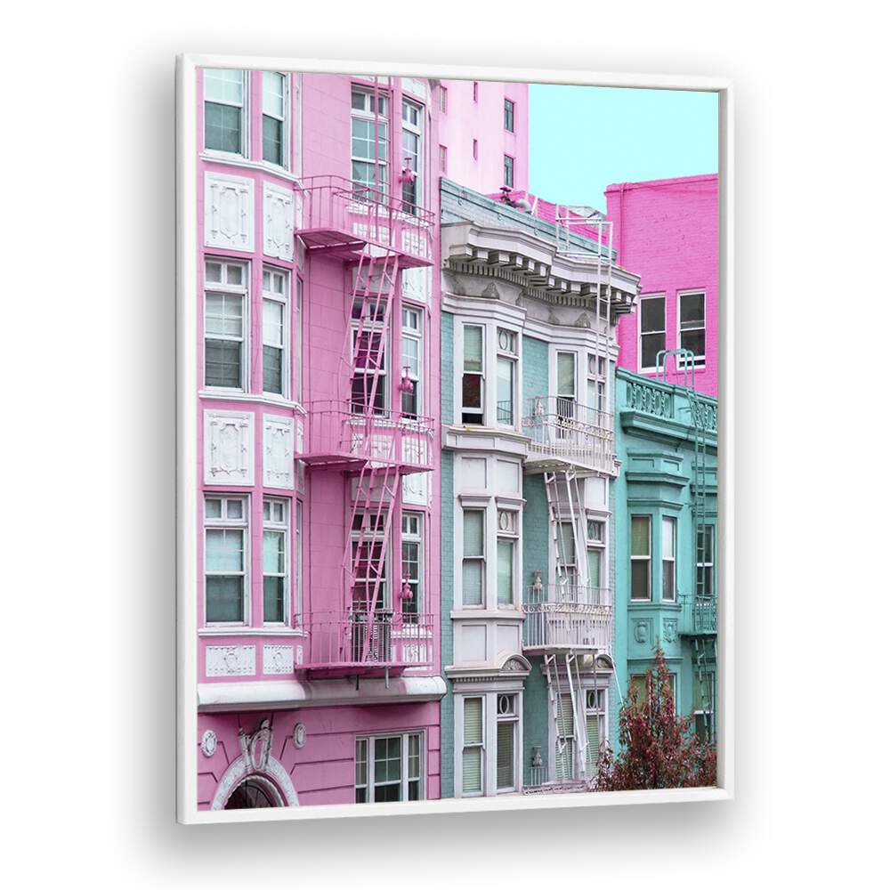 surreal painting - PINK AND BLUE ROW HOUSES IN SAN FRANCISCO by Asianmonk