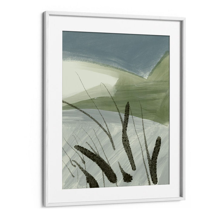Framed ABSTRACT LAND SHAPES, ABSTRACT PAINTINGS featuring soft greens and blues, perfect for modern decor.