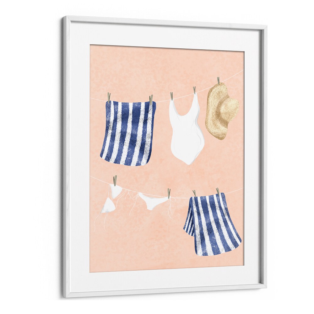 Whimsical AFTER THE SWIM, KIDS ROOM PAINTINGS showcasing swimsuits and towels on a clothesline, perfect for playful decor.