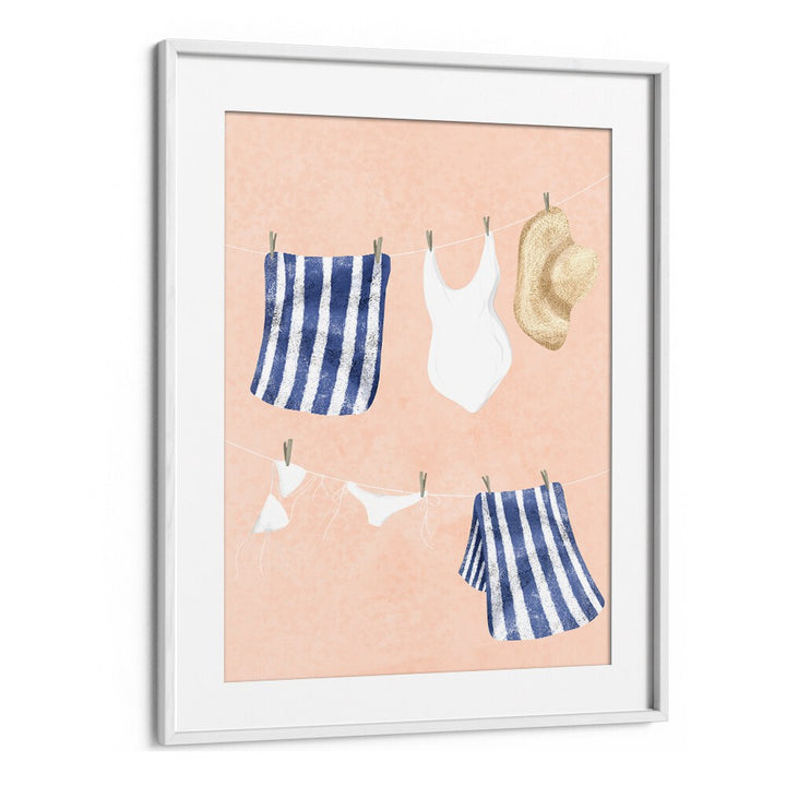 Whimsical AFTER THE SWIM, KIDS ROOM PAINTINGS showcasing swimsuits and towels on a clothesline, perfect for playful decor.
