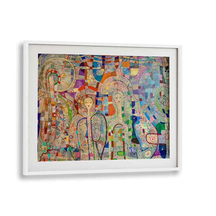 ANGELS AMONG US , ABSTRACT PAINTINGS by Whitemount — framed colorful abstract canvas with layered textures and ethereal figures