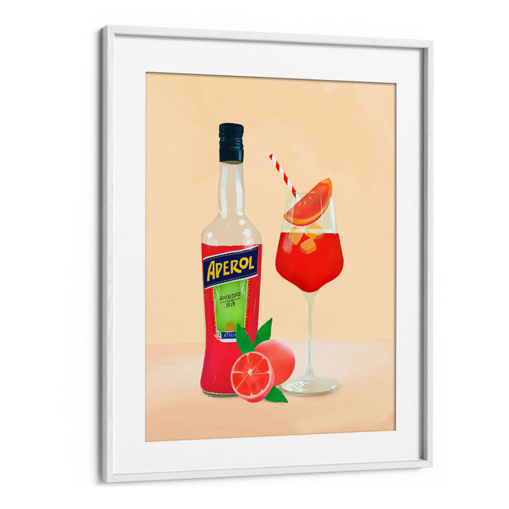 APEROL SPRITZ II , BAR print by WhiteMount with Aperol bottle and glass cocktail, orange slice.