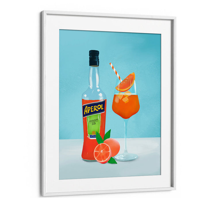 APEROL SPRITZ , BAR art by WhiteMount: bottle and orange cocktail with slice on a bright blue backdrop