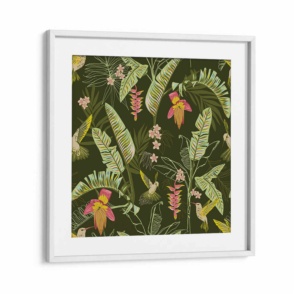 BANANA LEAVES AND HUMMINGBIRDS , FLORAL FLOWER PAINTINGS