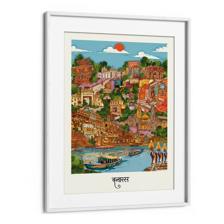 Colorful Varanasi travel poster showcasing iconic landmarks and boats along the river, perfect for decor.