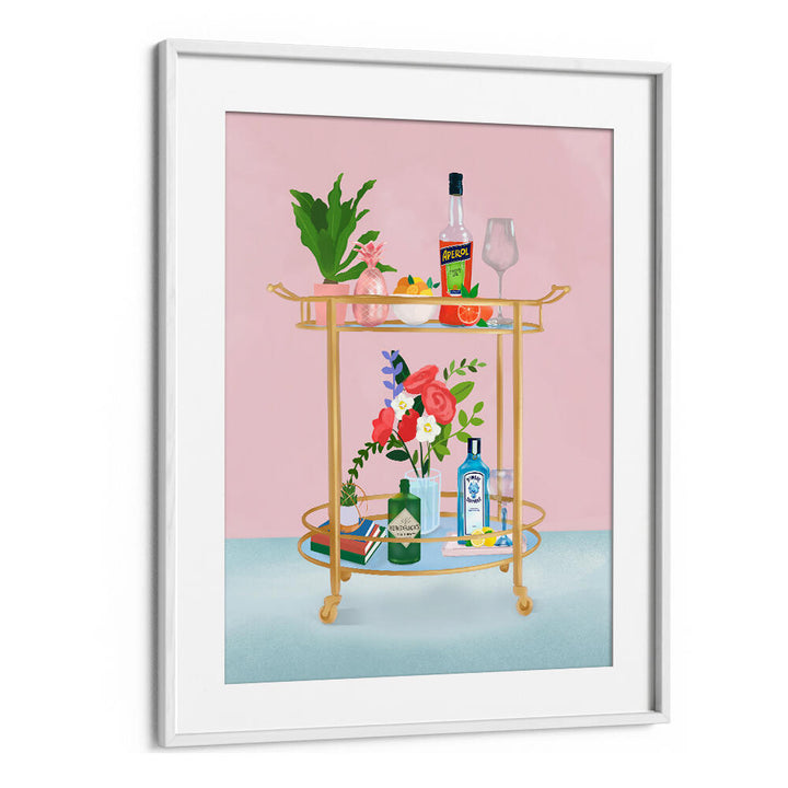 Whitemount BAR CART , BAR artwork featuring a gold bar cart with bottles and flowers.