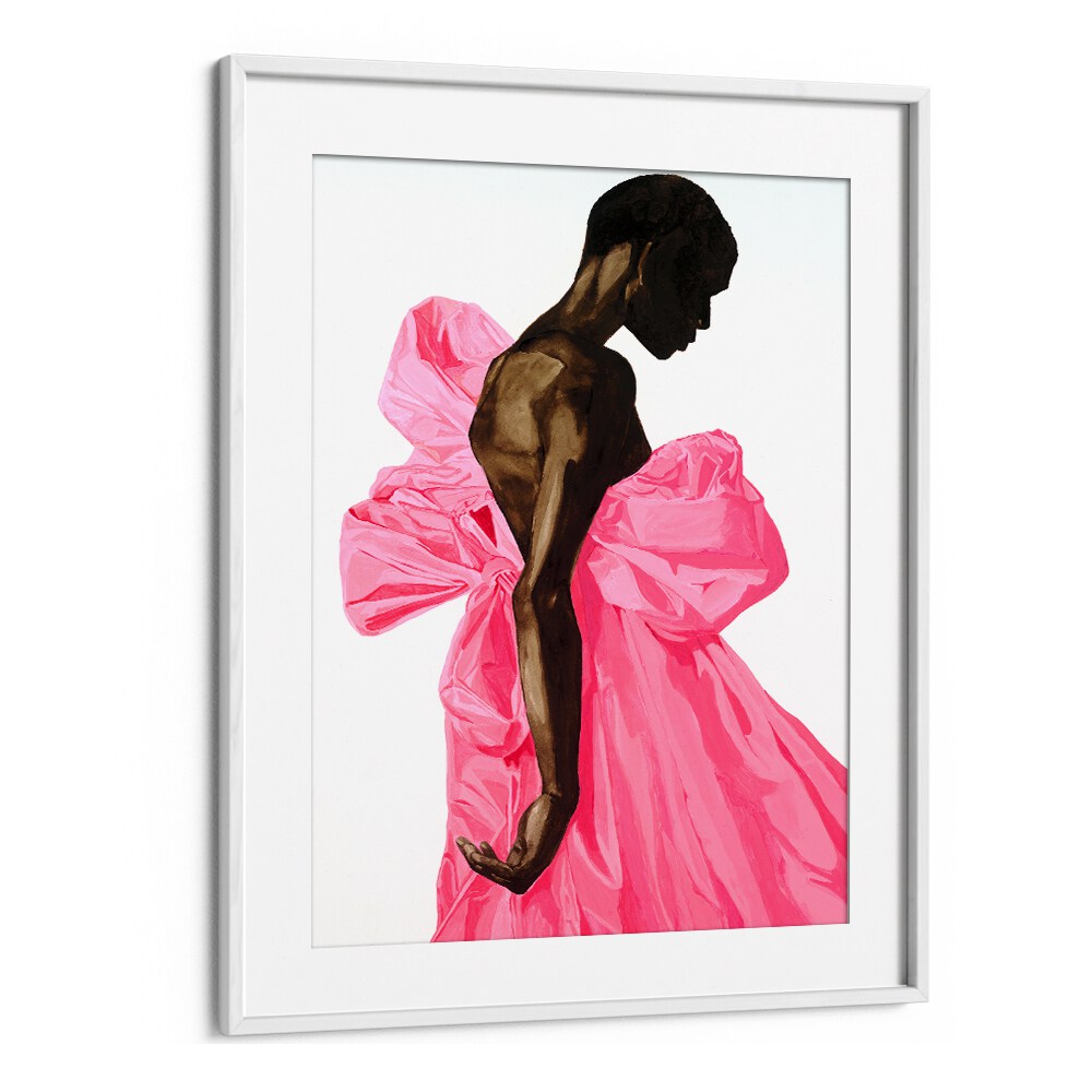 Elegant BLOOM IV, PORTRAITS artwork featuring a silhouette in pink fabric, perfect for sophisticated home décor.