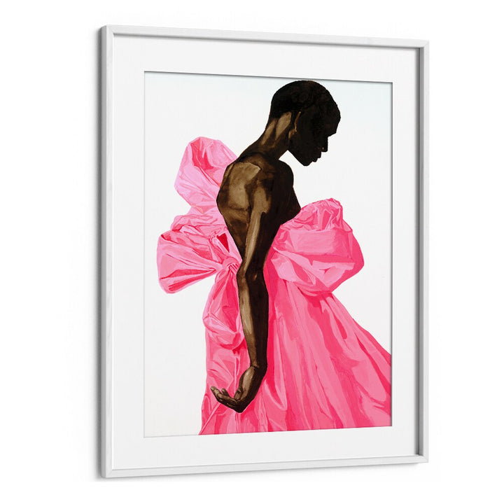 Elegant BLOOM IV, PORTRAITS artwork featuring a silhouette in pink fabric, perfect for sophisticated home décor.