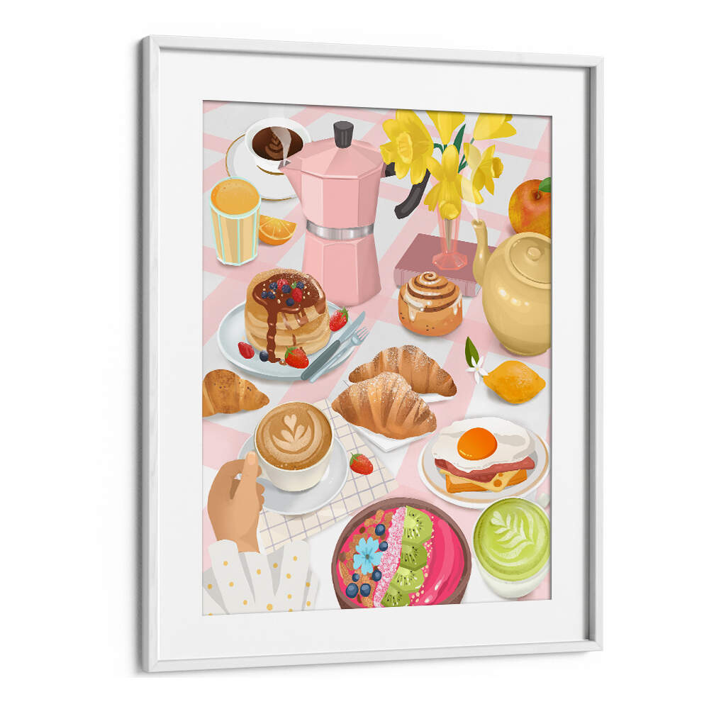 BREAKFAST Breakfast & Brunch kitchen posters by WhiteMount with pancakes, croissants and coffee.