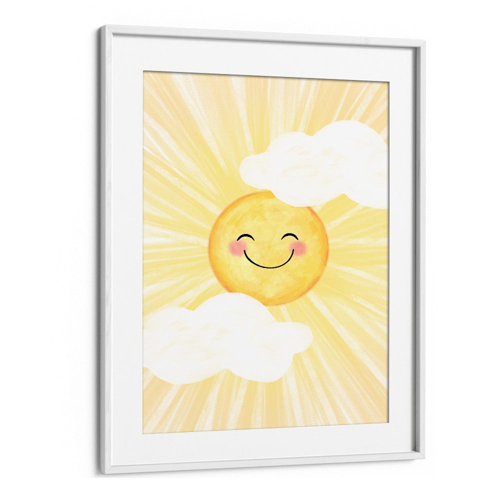 Cheerful sun illustration with clouds in a frame, perfect for BRIGHT SUNNY DAY, KIDS ROOM PAINTINGS.