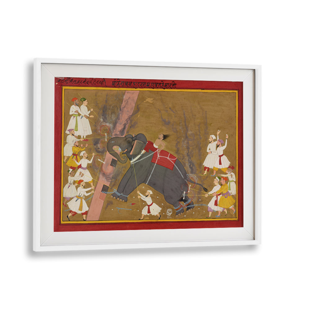 THE ELEPHANT KHANDERAO BAHADUR KILLING SHAM MAHAVAT , INDIAN ART PAINTINGS
